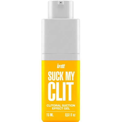 Flacon jaune INTT Suck My Clit de 15 ml avec distributeur apparent et inscription en façade