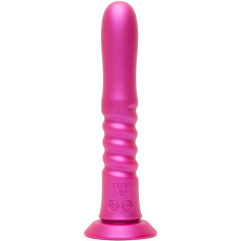 Vibromasseur ROMP Jiggle rose métallisé à section annelée, deux boutons et base à ventouse