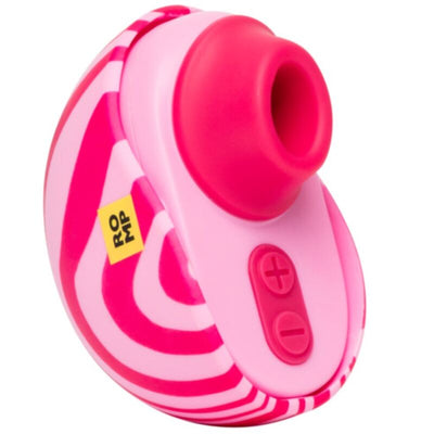 Stimulateur ROMP Spin rose et rouge, capot à rayures courbes, embout ouvert et boutons plus et moins