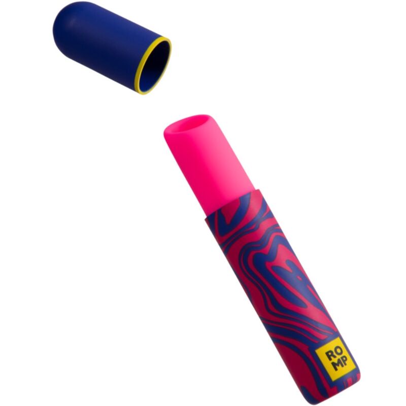 Stimulateur ROMP Lipstick rose fluo à ouverture ronde, étui bleu à motifs et capuchon séparé