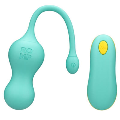 Œuf ROMP Cello bleu sarcelle à anse courbée avec bouton au bout et télécommande à touche jaune