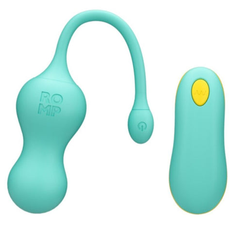 Œuf ROMP Cello bleu sarcelle à anse courbée avec bouton au bout et télécommande à touche jaune