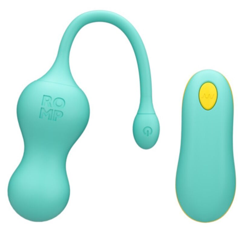 Œuf ROMP Cello bleu sarcelle à anse courbée avec bouton au bout et télécommande à touche jaune