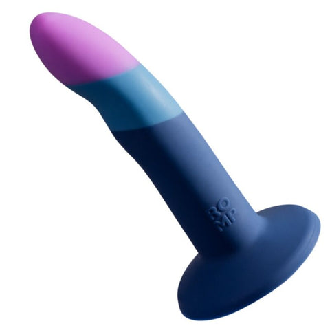 Gode ROMP Piccolo courbé à ventouse bleue, corps bleu foncé, bande claire et pointe violette