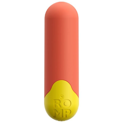 Balle vibrante ROMP Riot orange en forme de capsule, avec base jaune et bouton rond marqué