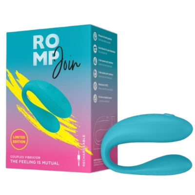 Vibromasseur ROMP Join bleu sarcelle en C à deux branches arrondies, présenté devant sa boîte