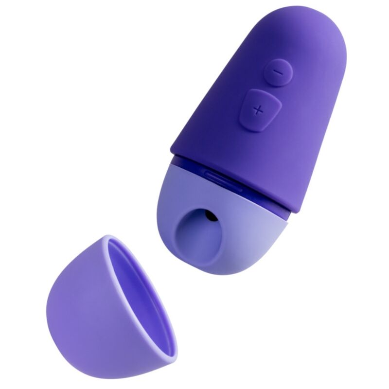 Stimulateur ROMP Free X violet à deux boutons, embout rond et capuchon amovible posé à côté