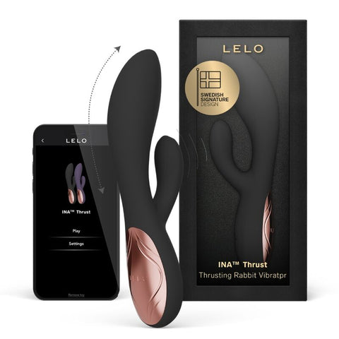 Appareil noir LELO Ina Thrust à deux branches, devant sa boîte et un téléphone affichant l’application