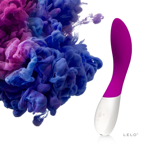 Stimulateur LELO Mona Wave rose profond et blanc à côté de volutes d'encre bleue et violette