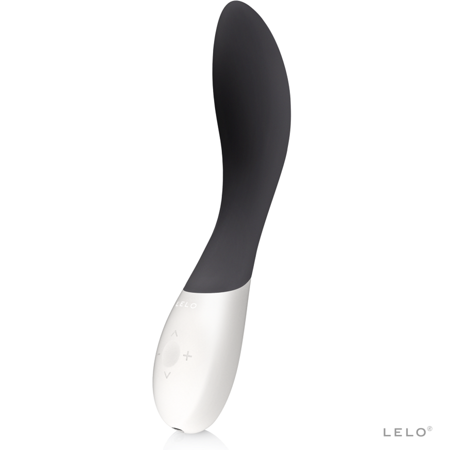 Stimulateur LELO Mona Wave noir et blanc, tige légèrement courbe et boutons visibles sur la poignée