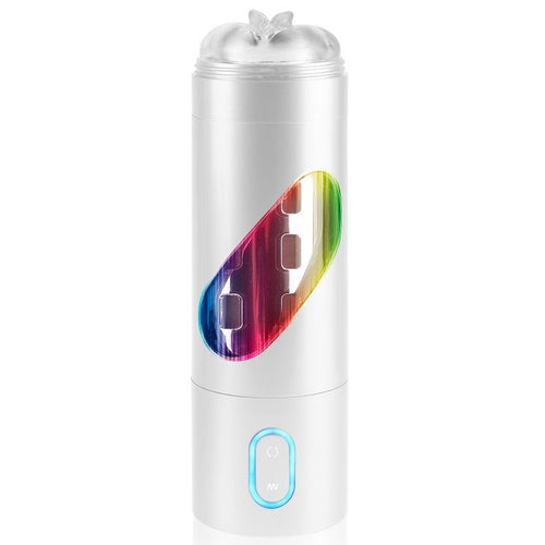 Cylindre blanc dressé avec fenêtre multicolore, bouton bleu en bas et capuchon translucide en haut