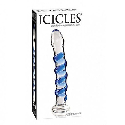 Boîte verticale illustrant une tige de verre transparente à spirale bleue sur un socle rond