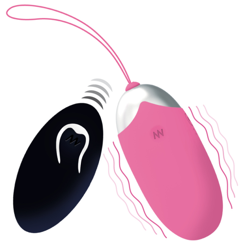 Œuf rose à cordon souple avec télécommande noire, entourés de traits illustrant les vibrations
