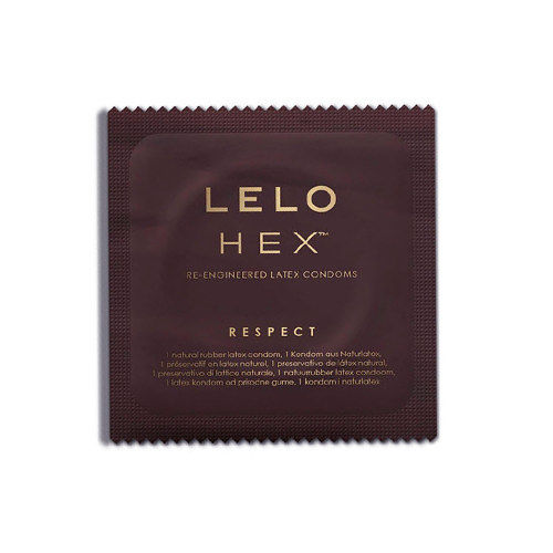 Sachet brun LELO HEX Respect XL à bords dentelés, avec inscription sur le latex naturel