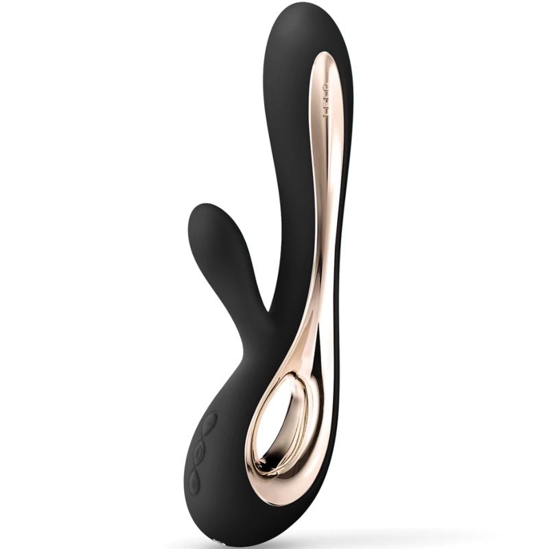 Stimulateur noir LELO Soraya 2 à deux branches, avec panneau doré et bouton ovale à la base
