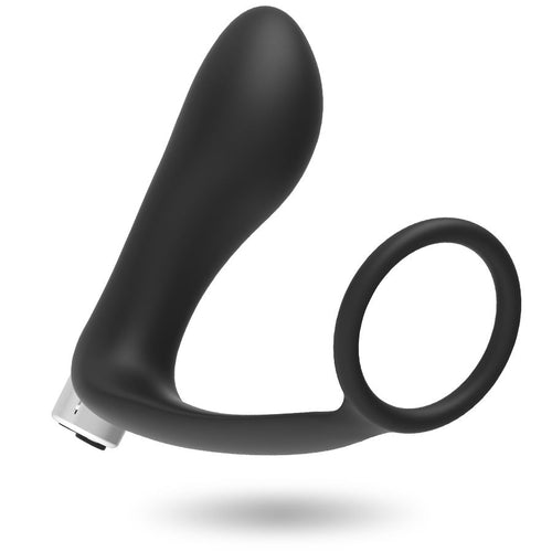 Masseur noir vu en biais avec embout incliné, branche courbée et anneau circulaire à droite, base argentée