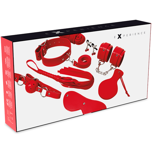 Face avant de la boîte rouge illustrant collier, menottes, bandeau, corde, lanières et bâillon