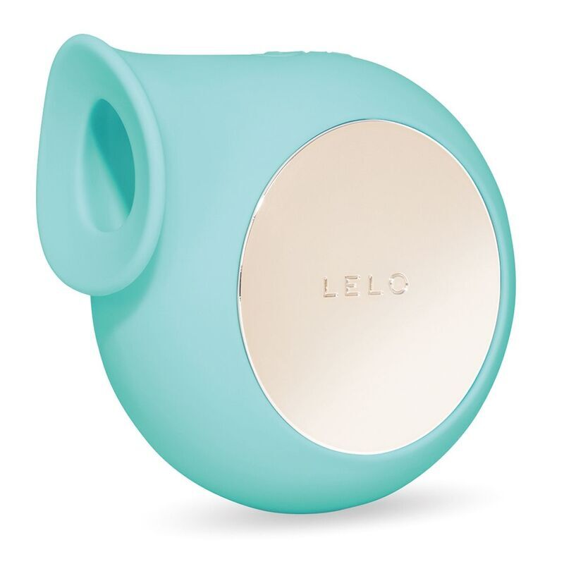 Stimulateur LELO Sila aqua, ouverture évasée sur la gauche et large panneau ovale argenté