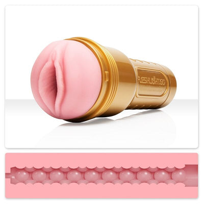 Étui doré Fleshlight GO Stamina avec insert rose et schéma en coupe des reliefs internes